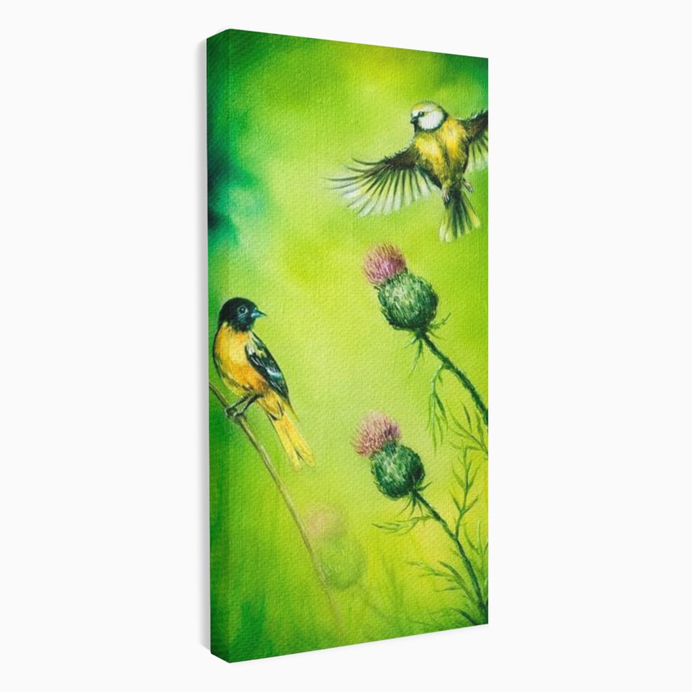 Tablou canvas cu tablou canvas cu pasari si ciulini, fara rama, pe sasiu de lemn